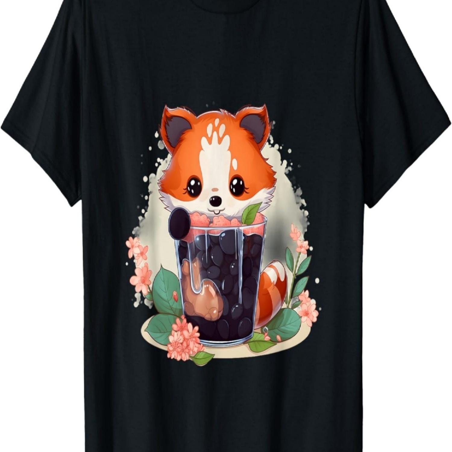 Kawaii Anime Red Panda Drinks Boba Tea Bubble Cherry Blossom T-Shirt S чёрный