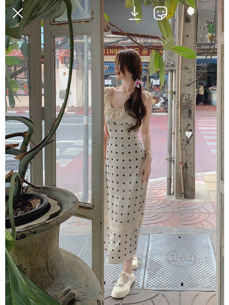 Summer Polka Dot Lace Long Backless Dress Women's New Sweet Waist and Thin Temperament Suspender Dress