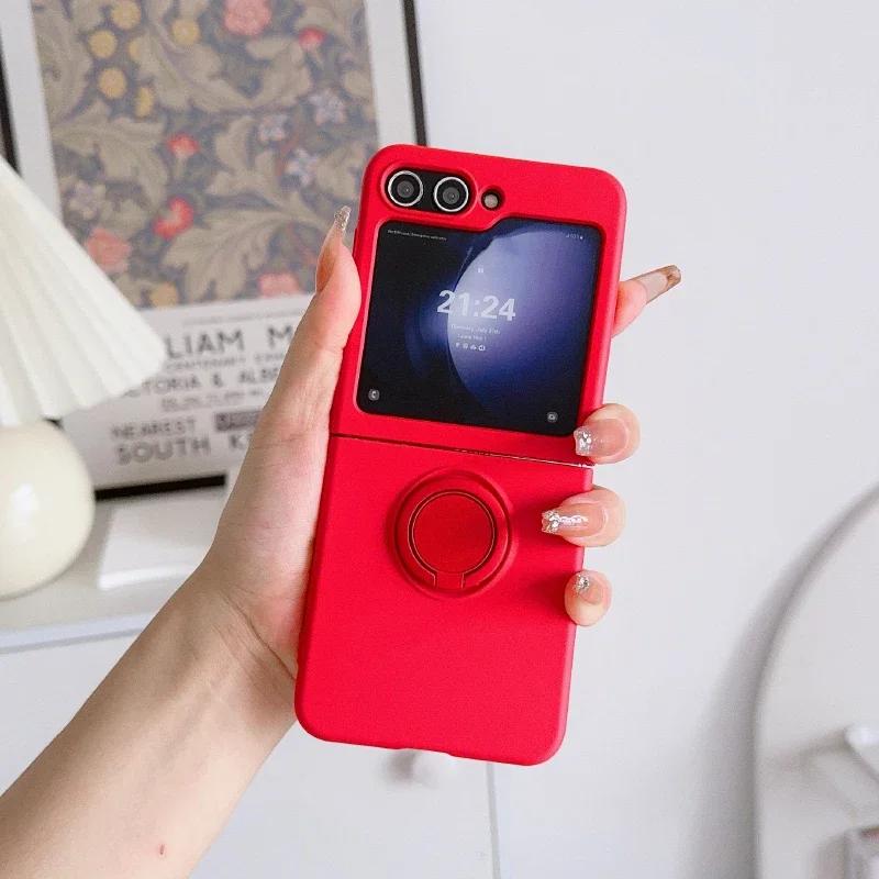 Simple Solid Color Rotating Ring Bracket Phone Case For Samsung Galaxy Z Flip 7 6 5 4 3 Soft Silicone Shockproof Protector Cover