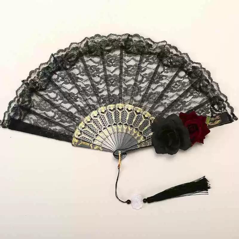 Ventaglio Pieghevole Lolita Rosa e Piume Nero e Bianco Stile Lolita Europeo Vintage Goffrato Stampato a Oro Ventaglio per Matrimonio Festa del Tè
