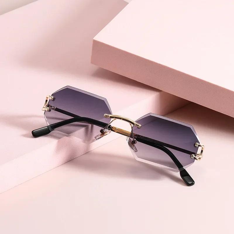 New Rimless Polygon Sunglasses Fashion Women Vintage Gradient Ocean Lenses Shades Trendy Luxury Brand Design Chic Sun Glasses