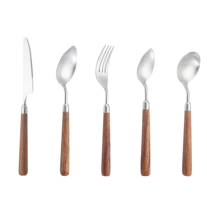 304 stainless steel spoon fork western knife restaurant steak knife kitchen wooden handle spoon knife and fork set