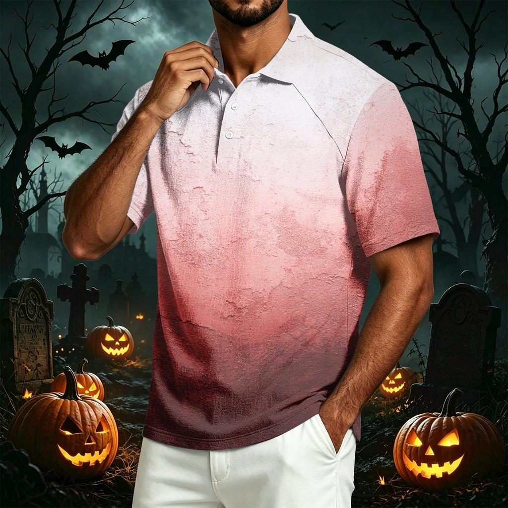 Men's Casual Lapel Lightweight Cotton Linen Breathable Short Sleeve Shirt with Halloween Pumpkin Print for Daily Wear