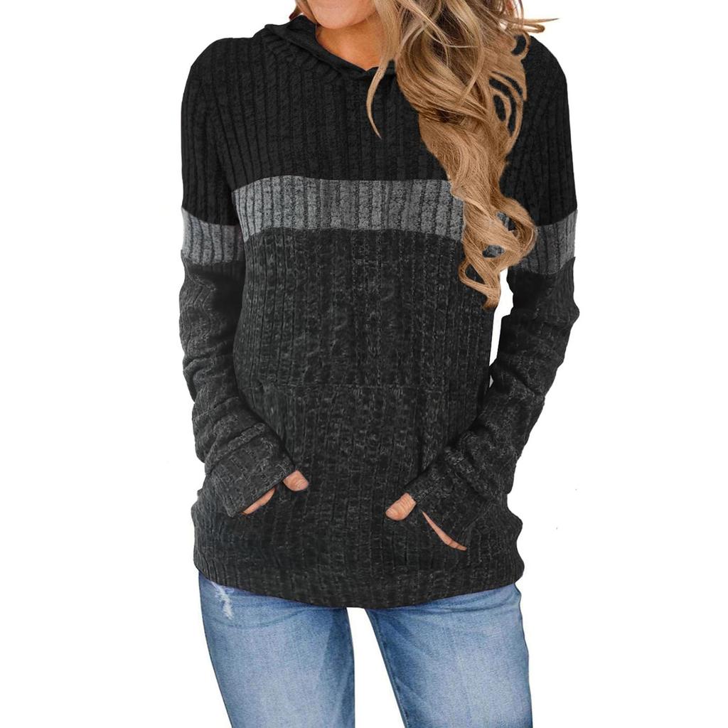 Women's Fashionable Casual Color Blocked Hooded Pocket Loose Long Sleeved Pullover Top