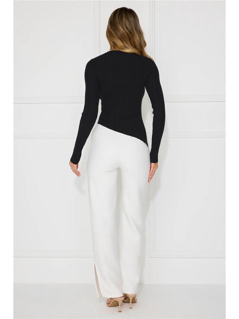 European Women's New Fashion Ribbed Slit T-shirt: Solid Color Autumn Winter Slim Casual Top