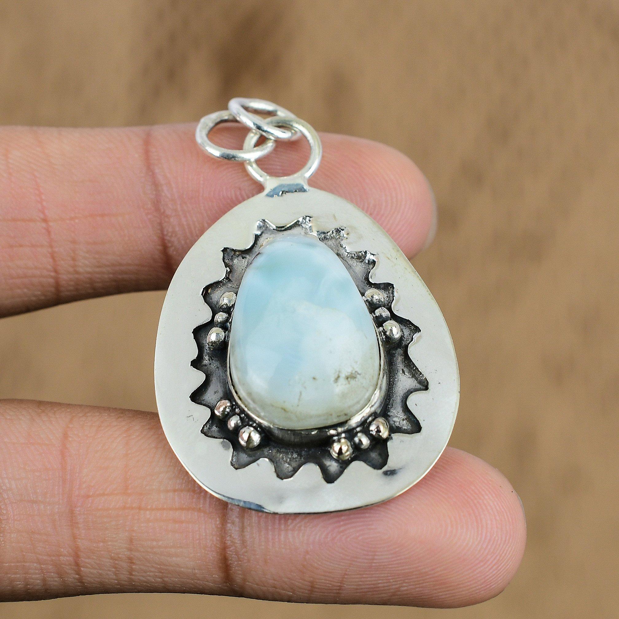

Sterling Silver Trillion Larimar Stone Engagement Art Deco Wife Elegant Pendant