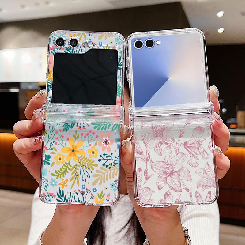 Lotus Flower Pattern Phone Case For Samsung Galaxy Z Flip 7 FE 6 5 4 3 5G Folding Hard PC Clear Cover For Samsung Z Flip7 Flip6