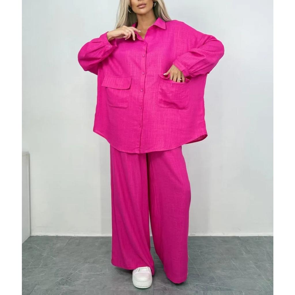 Fall Winter Women's 2 Pieces Outfits Long Sleeve Loose Shirt + Wide Leg Pants Set Casual Fashion Outfit