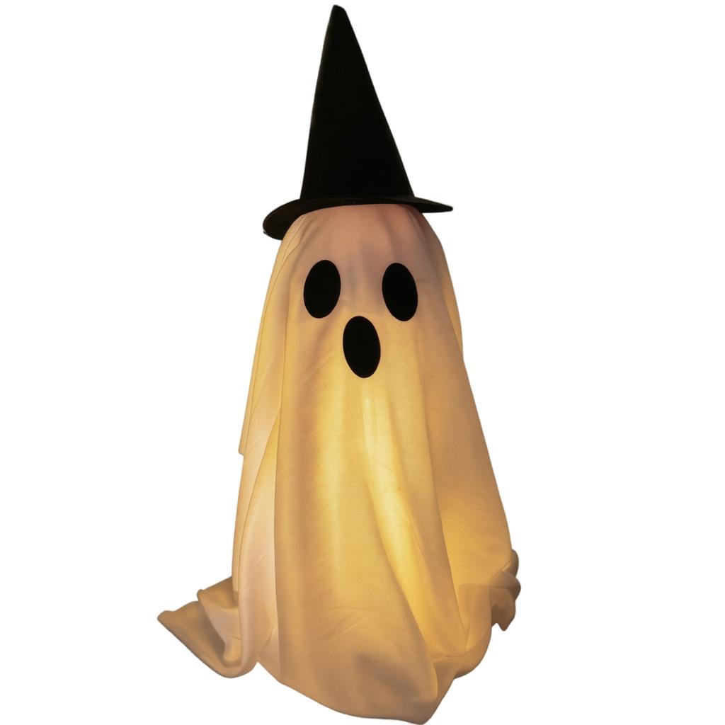 50cm Light Up Ghost Decoration with Hat for Indoor Outdoor Use Halloween Themed Fabric and Plastic Figure for Display
