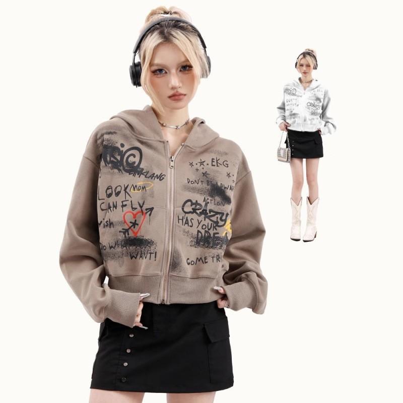 Y2K Millennium Style 3D Print Cropped Hooded Zip Up Sweatshirt Retro Distressed Gray Slim Fit Casual Top Young Adults