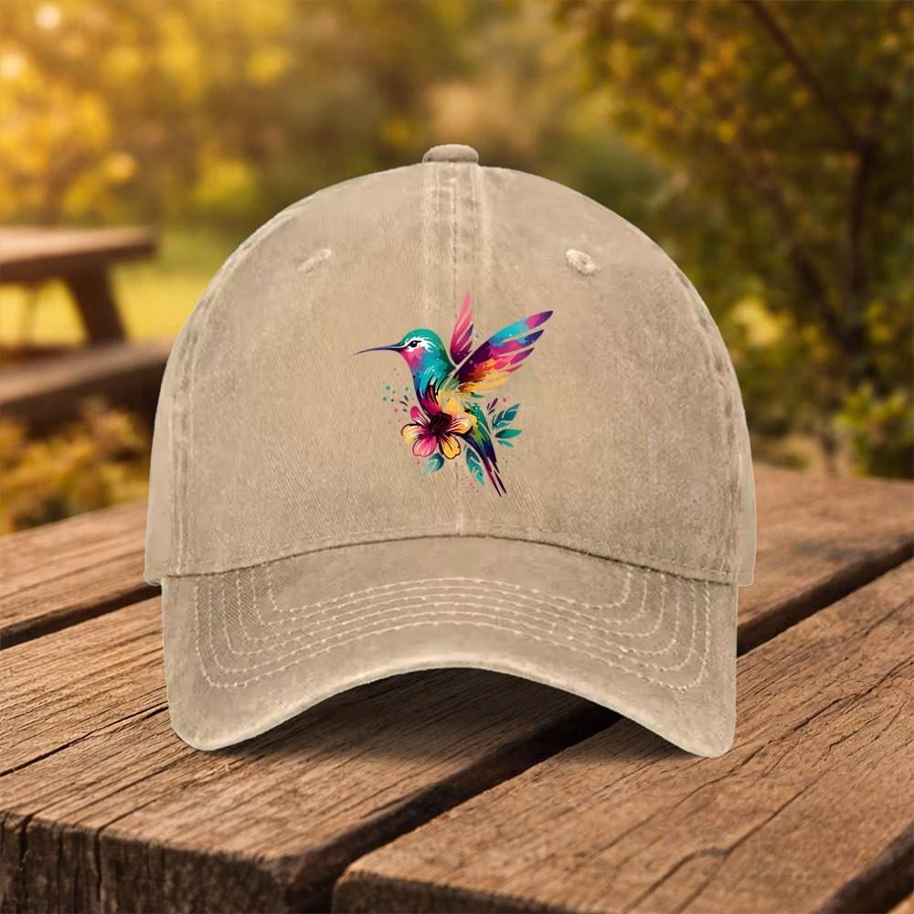 Hummingbird Floral Print Washed Denim Baseball Cap Adjustable Outdoor Casual Sports Hat