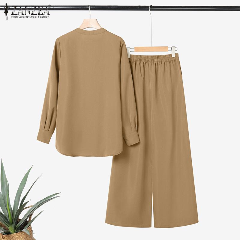 ZANZEA Bluzka z długim rękawem i spodnie damskie, casualowe dwuczęściowe zestawy garniturowe