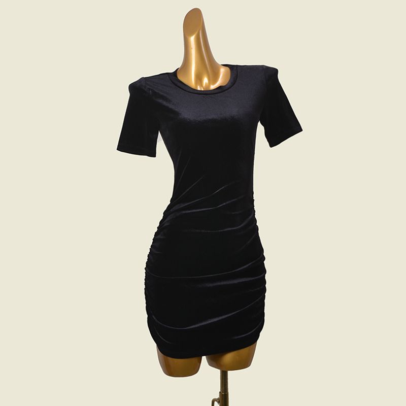 

Foreign Trade Original Order round Neck Pleated Waist-Tight Dress Swedish Card Short Sleeve Slim-Fit Hip-Wrapped Short Dress Black XXS