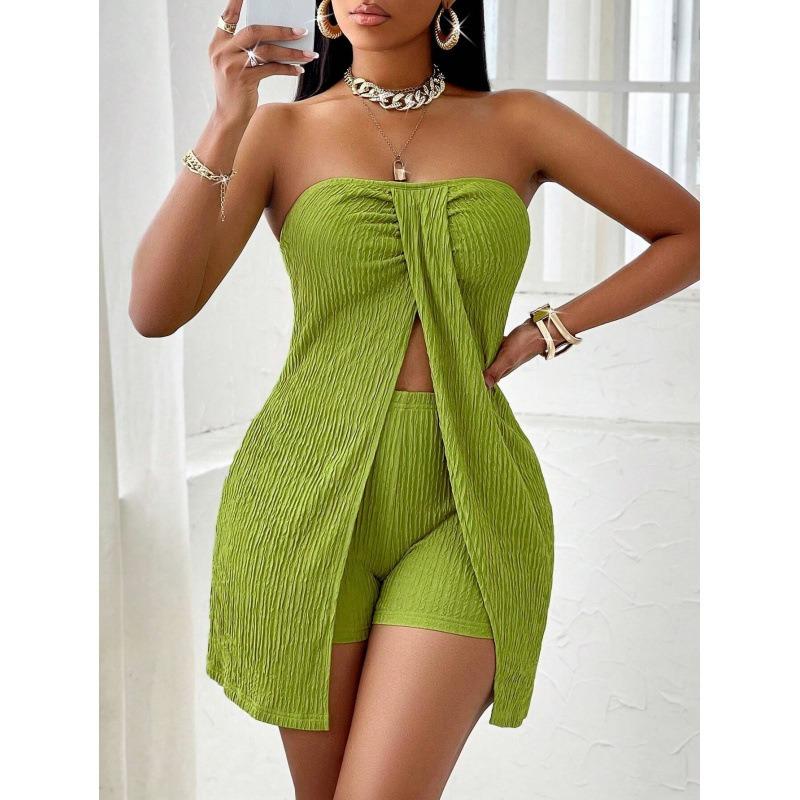 

Women Textured Tube Top And Shorts Set With Front Slit Detail S жёлтый