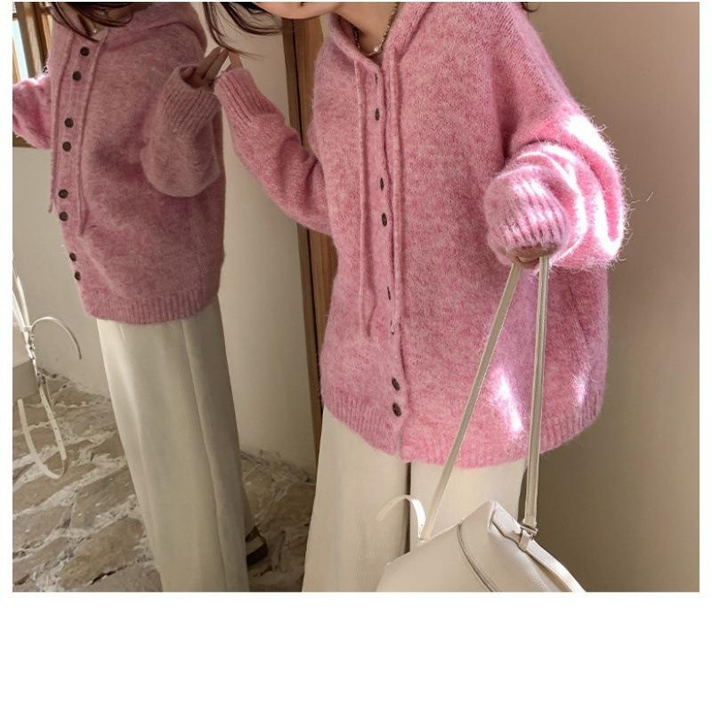 

Hooded button-knitted cardigan autumn and winter new large size loose college style versatile lazy solid color sweater jacket women 410-301 (average size) розовый