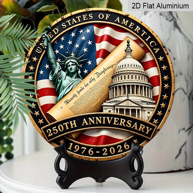 2D Flat, A Round Aluminum Anniversary Wall Decoration, Featuring Patriotic Art of The Statue of And The Capitol, Suitable for USA 250th Anniversary