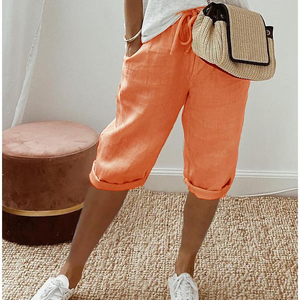 Damen-Shorts im Vintage-Stil, knielange Hose mit Taschen für Damen, atmungsaktive Hose mit elastischer Taille, einfarbig, fünf Hosen L orange