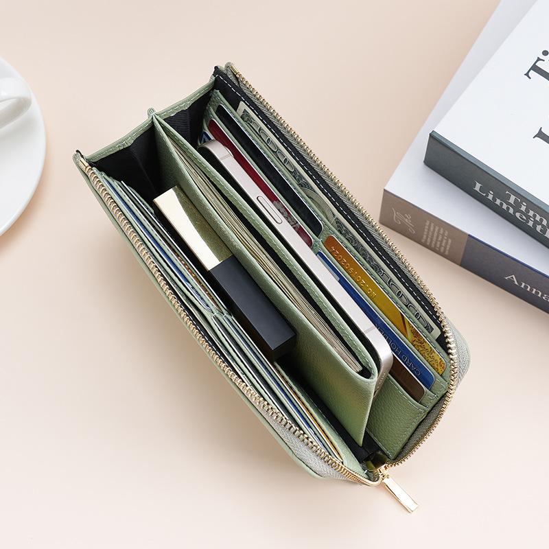 Leather RFID Anti-magnetic Anti-theft Brush Wallet Female Long Seven-character Zipper Fashionable Hand Wallet Can Put Mobile Phone Change