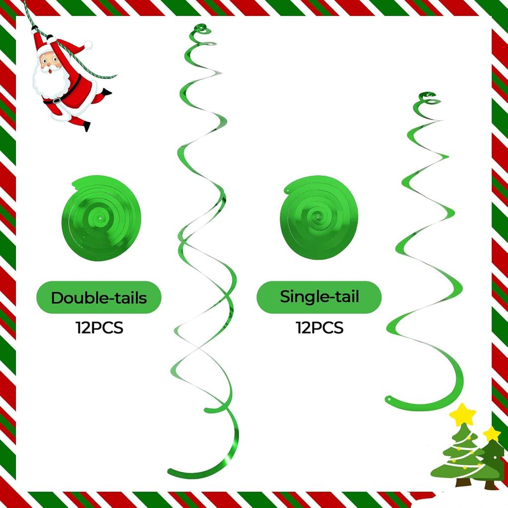 24 PCS Green Hanging Swirl, Sparkle Ceiling Hanging Decorations, Plastic Streamer Party Decorations with Double-Swirls and Single-Swirls for Birthday
