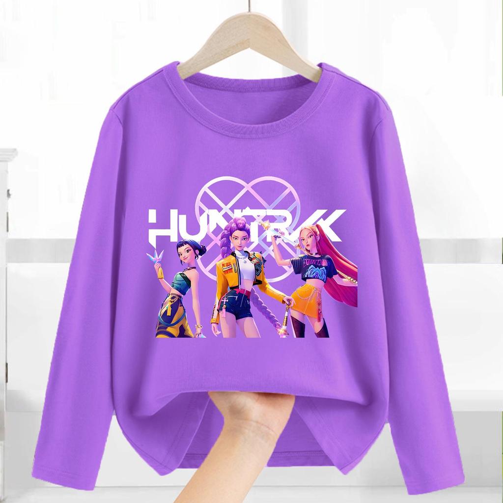 Cotton T-Shirts Girls Long Sleeve Children's Cartoon Printed Clothing Children's Purple Clothes Girls Crew Neck Top