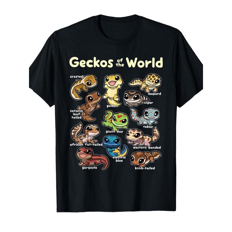 Kawaii Gecko-Liebhaber T-Shirt für Damen & Herren - Schwarz mit buntem Gecko-Arten-Design & Beschrifteten Reptilienarten (Gecko, Leopard, Tokay, Kronen-,