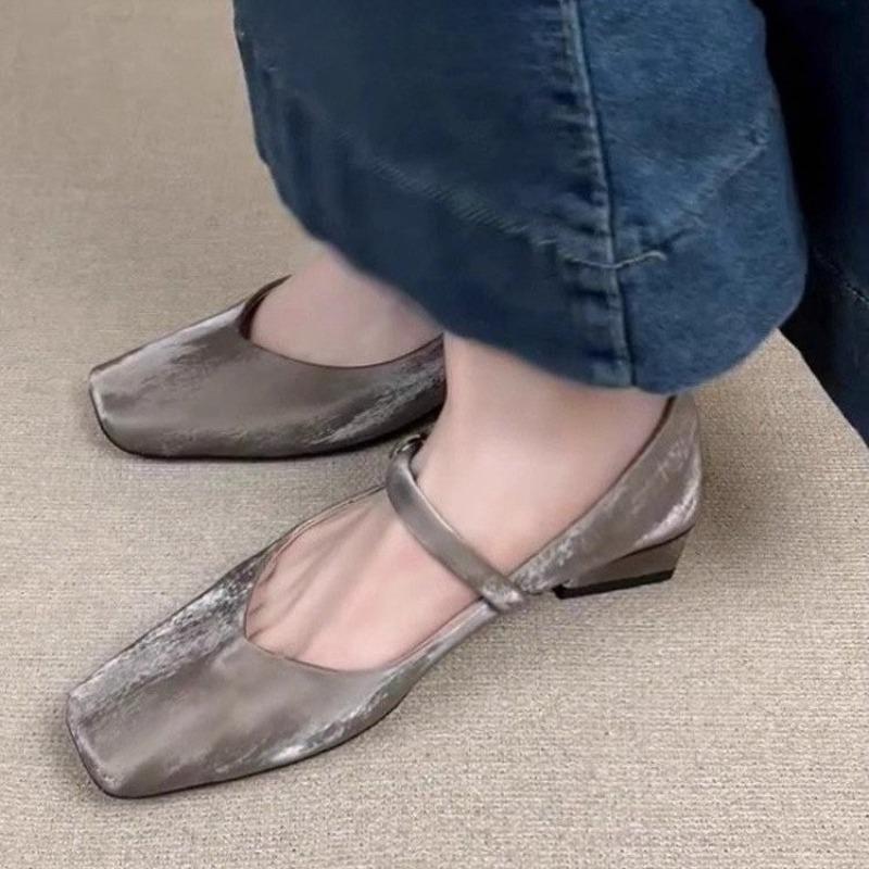 Block Heel Single Shoes Women's Square Toe Shallow Mouth One Slip with Cloth Face Soft Sole Non-slip Low Top Shoes