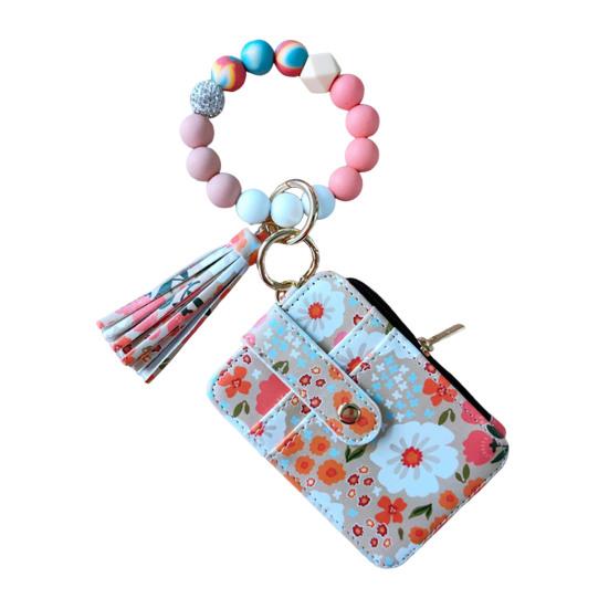 Damen Geldbörse mit Blumenmuster, Boho-Stil, Münzbörse, Schlüsselanhänger mit Quaste, elastisch