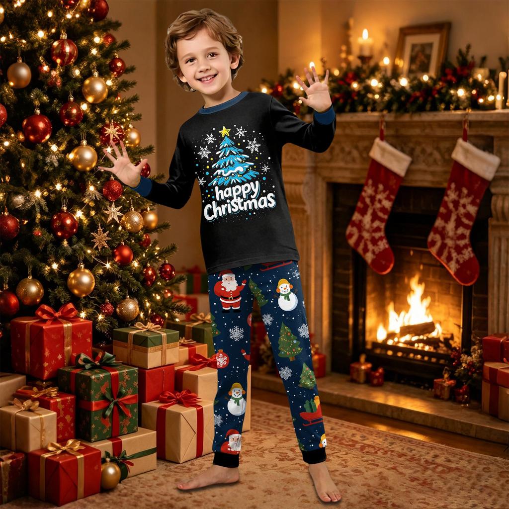 Family Matching Christmas Print Neck Long Sleeve Top and Pants Pajama Set