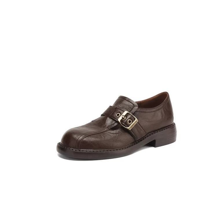 Retro Belt Buckle Round Head Small Leather Shoes Women's 2025 Spring and Autumn One-pedal Single Shoes British Loafers Black Dark Brown