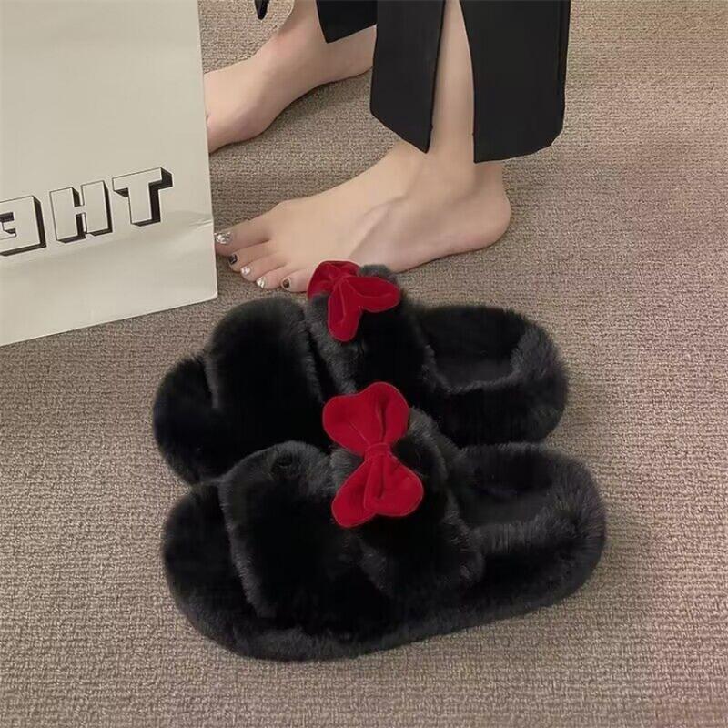 Fairy Wind Bow Hair Slippers Female Wear Superior Sense 2025 New Autumn and Winter Student Dormitory Office Cotton Flops