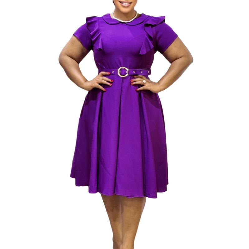 Women's Short-sleeved Doll Collar Solid Color Short-sleeved Ruffle Edge High-waisted Big Swing Dress