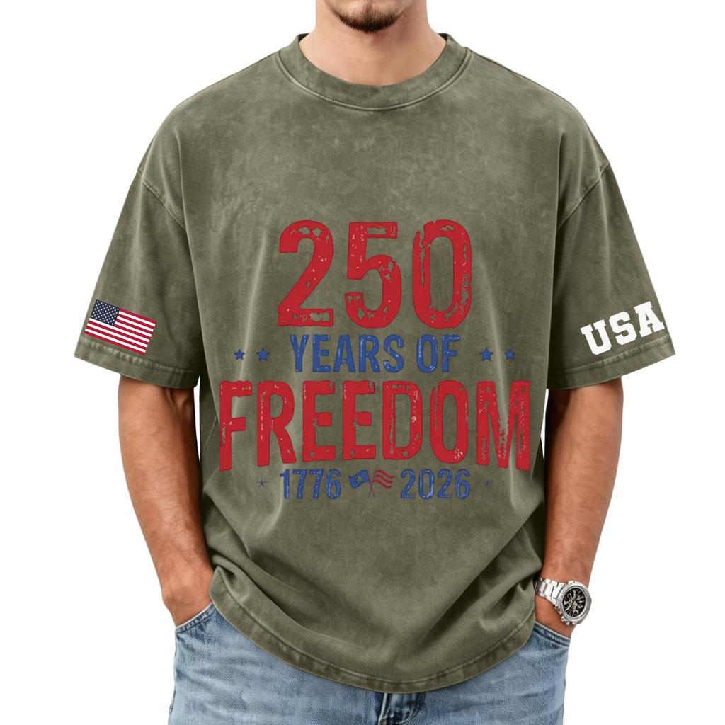 Men's loose and casual flag letter print T-shirt - Men's trendy washed short-sleeved top