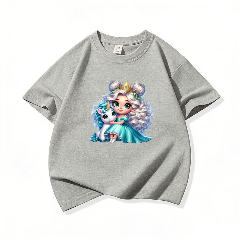 Kids Cotton T Shirt Princess Girl With Blue Unicorn Print Crew Neck Short Sleeve Tee Casual Boys Girls Summer Tops
