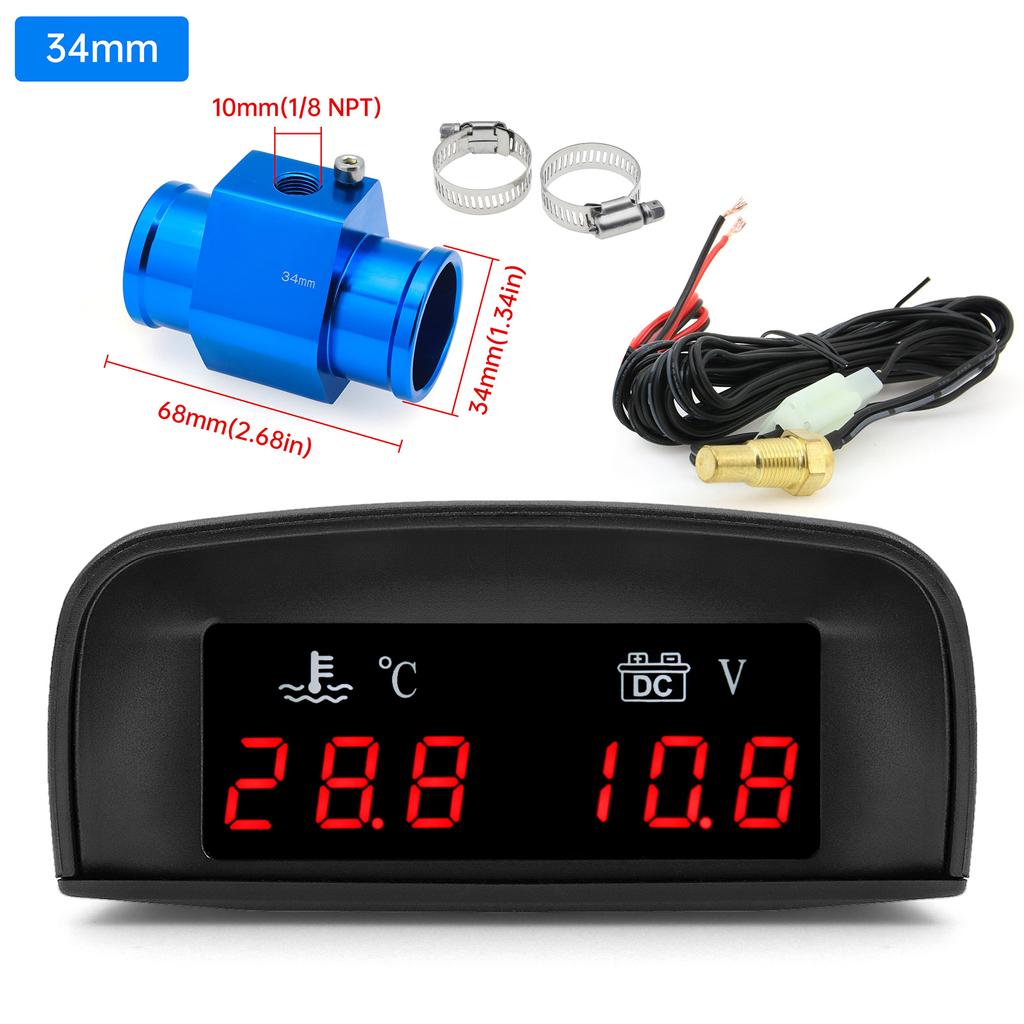 2 In 1 Car Water Temperature + Voltage Gauge LCD Display Digital Water Temp Gauge Voltmeter With 1/8 NPT Sensor Adapter 12V 24V