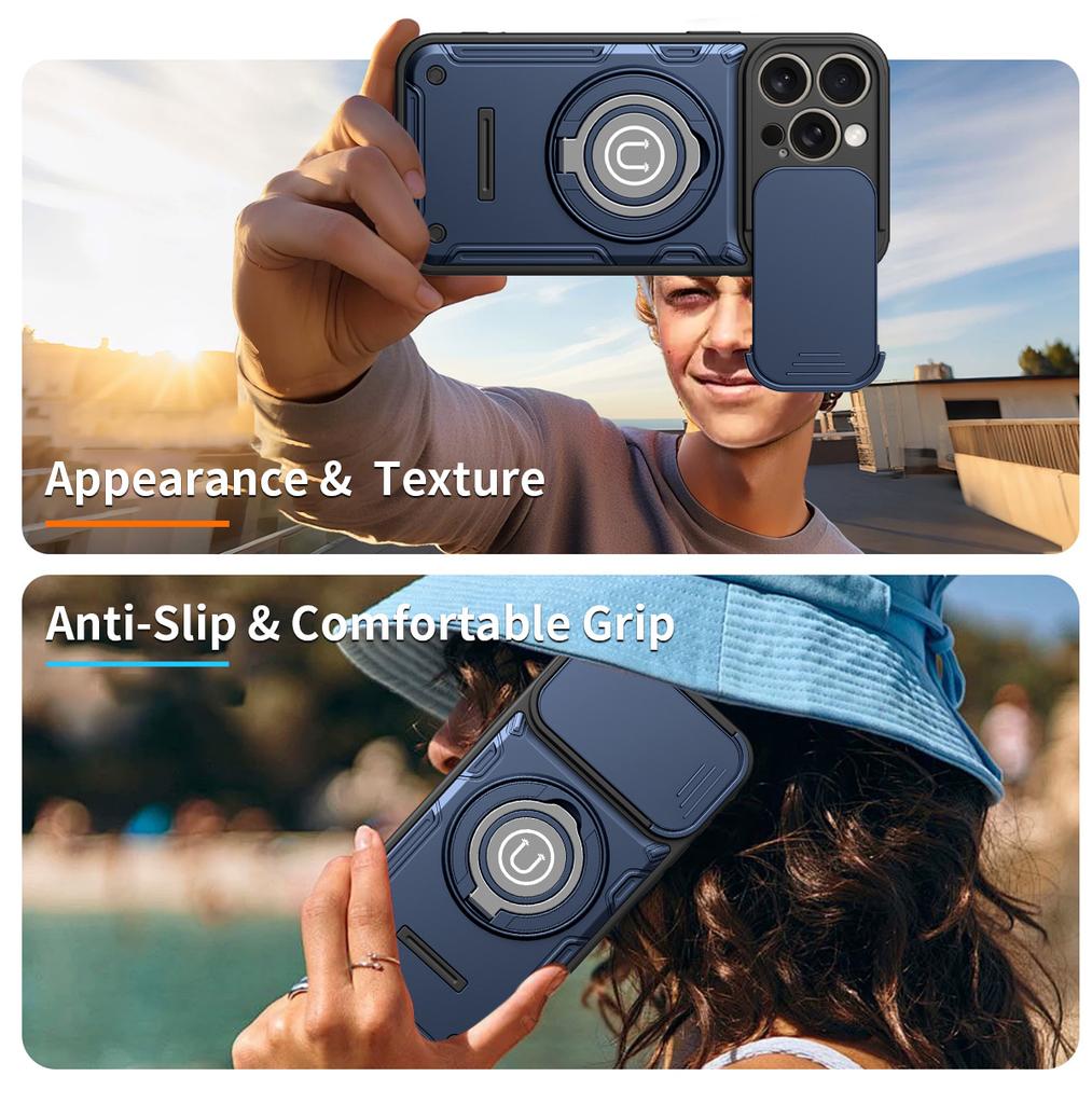 Anti-slip Armor Shockproof Case For iPhone 17 16 15 Pro Max Slide Camera Lens Protection Ring Stand TPU Plastic Phone Cover