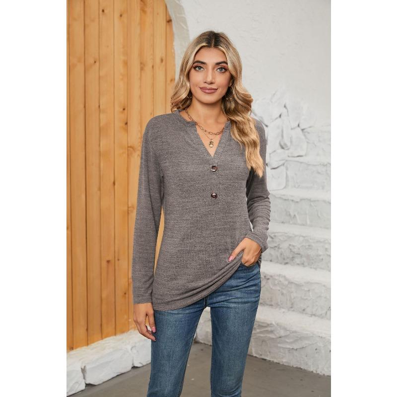 HNXC Bluzki i koszule damskie w swobodnym, jednolitym kolorze, z nadrukiem i długim rękawem, z dekoltem w serek