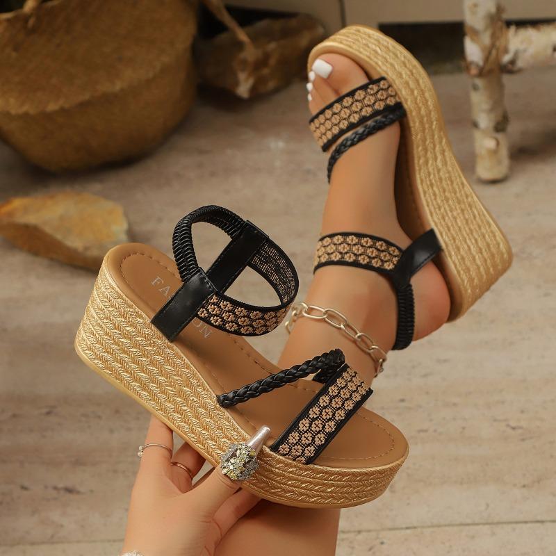 Large size apricot wedge heel thick sole heightening fashionable and comfortable casual waterproof table one-word buckle women's sandals