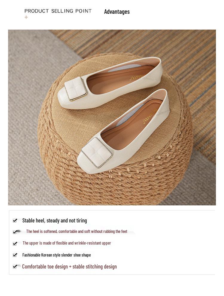 Spring 2025 Women's Genuine Leather Flats: Low-Cut, Versatile Chunky Heel, Plus Size 41-43, Ideal for Summer Work.