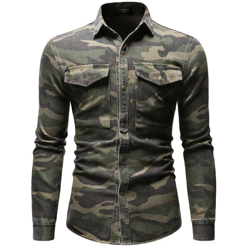 Herren Casual Langarm Camouflage Hemd mit Umlegekragen