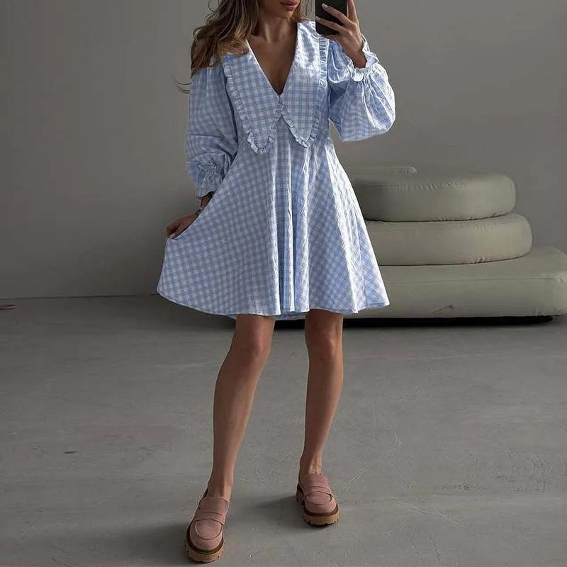 Women's Clothing, New Summer Skirts, Fashionable Casual Plaid Lace Dress, Short Skirt.