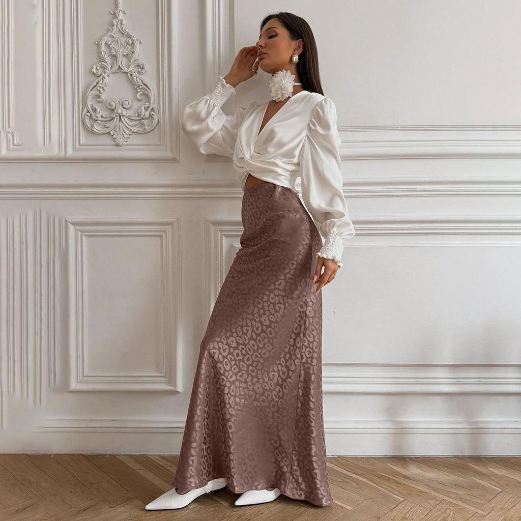 Women Long Leopard Print Ankel-Length Skirts High Waist