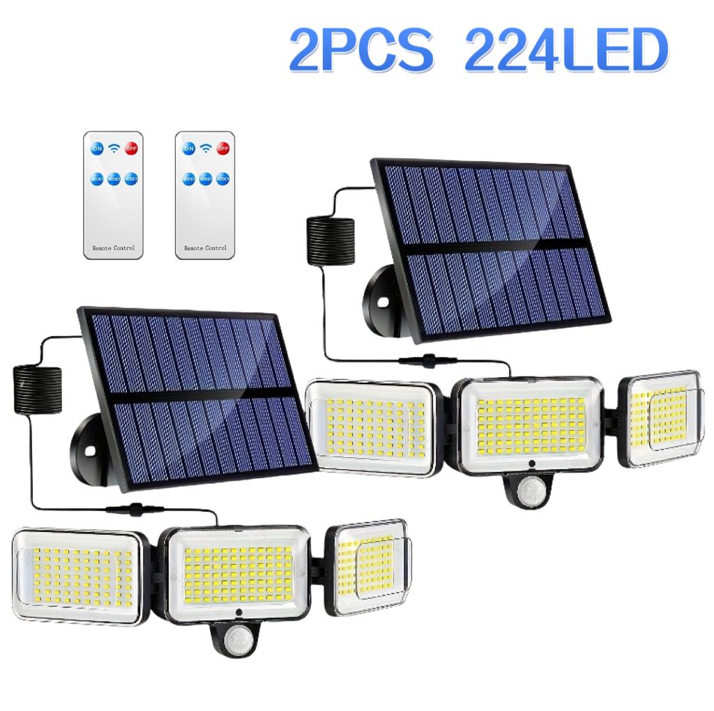 1/2/4PC Solar Lights Outdoor with 224 LED Motion Sensor Light Remote 3 Mode Waterproof 3 Head Solar Flood Lights for Yard Garden