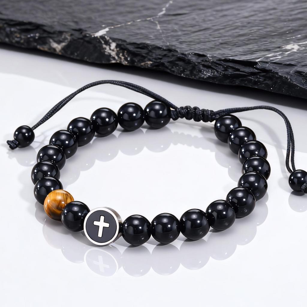 Easter Men's Bracelet,Cross Charms Beaded Bracelets,Adjustable Black Onyx Beaded Wristaband,Father's Day Baptism Scripture Card