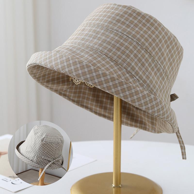 Korean ins sweet navy blue plaid bucket hat women's summer bow big eaves versatile face small sunshade basin hat