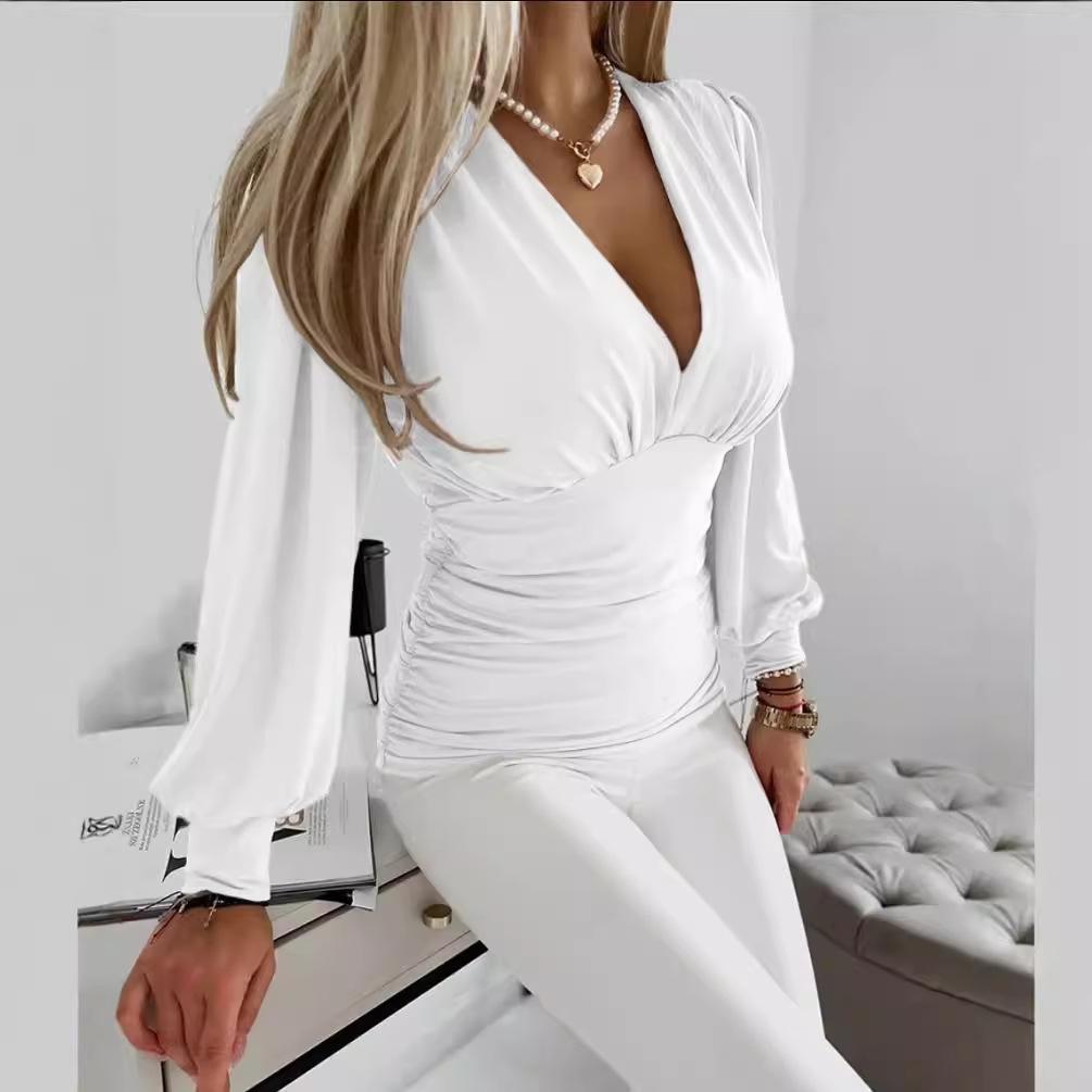 Sexy Dámské Topy a Blůzky s Hlubokým Výstřihem do V a Dlouhým Rukávem Dámské Podzimní Zimní Ležérní Potisk Slim Top Femme Košile pro Ženy Blůza