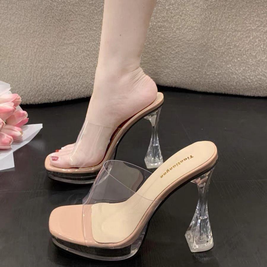 2025 Summer New Super High Heel Sandals Women's Transparent Word with Cool Slippers Crystal Heel Thick Heel Model Car Show Catwalk