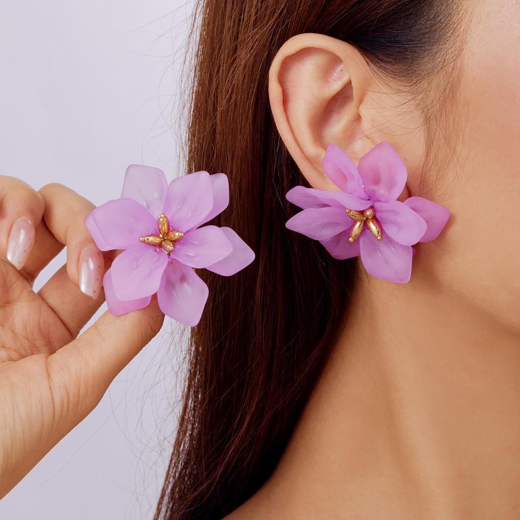 Dainty 3D Large Colorful Petal Stud Earrings for Women Girl Hyperbole Acrylic Flower Charm Earrings Party Aesthetic Zircon Gift