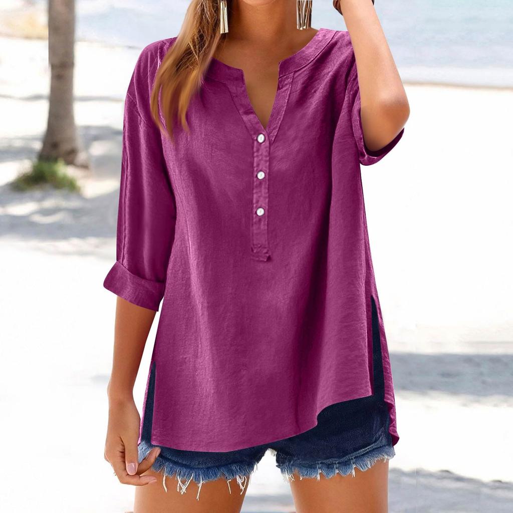 Women's Casual V-Neck Button Down Shirt Solid Color Long Sleeve Hem Split Cotton Blouse
