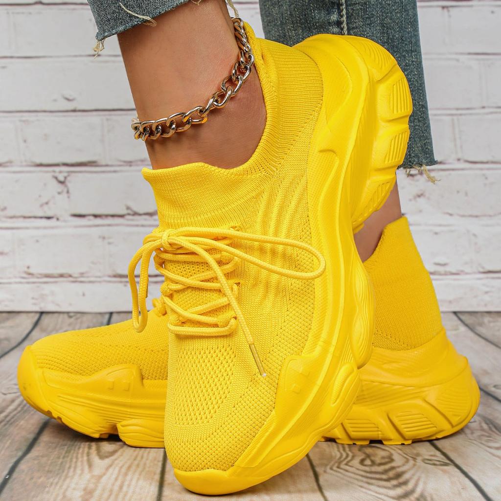 Unisex Chunky Sneakers Breathable Knitted Yellow Platform Running Shoes Lightweight Casual Sports Footwear for Jogging Training