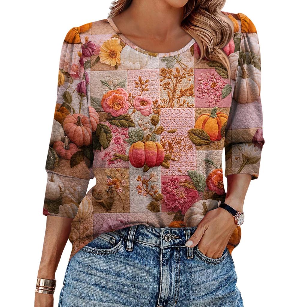 Women's Fashionable Casual Round Neck Seven Quarter Sleeve Halloween Printed Bubble Sleeve Top